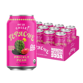 De La Calle Tepache bottle front shows organic, non-alcoholic refreshment with prickly pear notes.