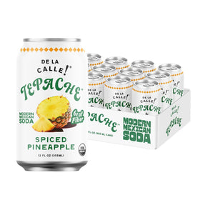 De La Calle Tepache Pineapple Spice bottle on counter, highlighting organic ingredients for a refreshing non-alcoholic option.