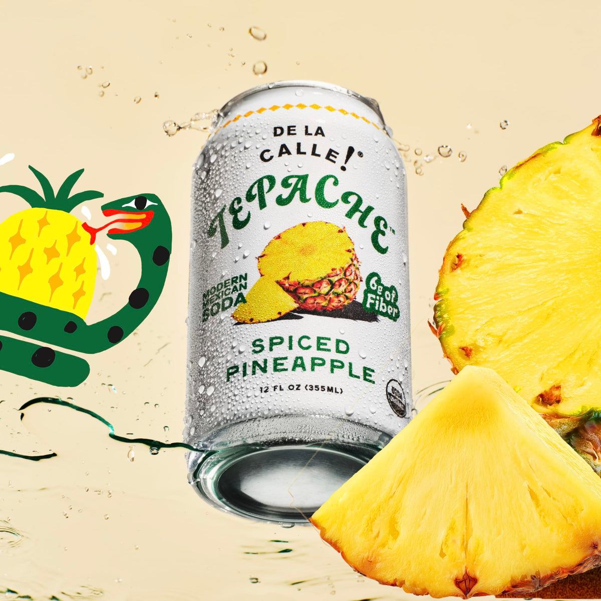Label close-up on De La Calle Tepache Pineapple Spice showing organic certification.
