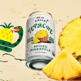Label close-up on De La Calle Tepache Pineapple Spice showing organic certification.