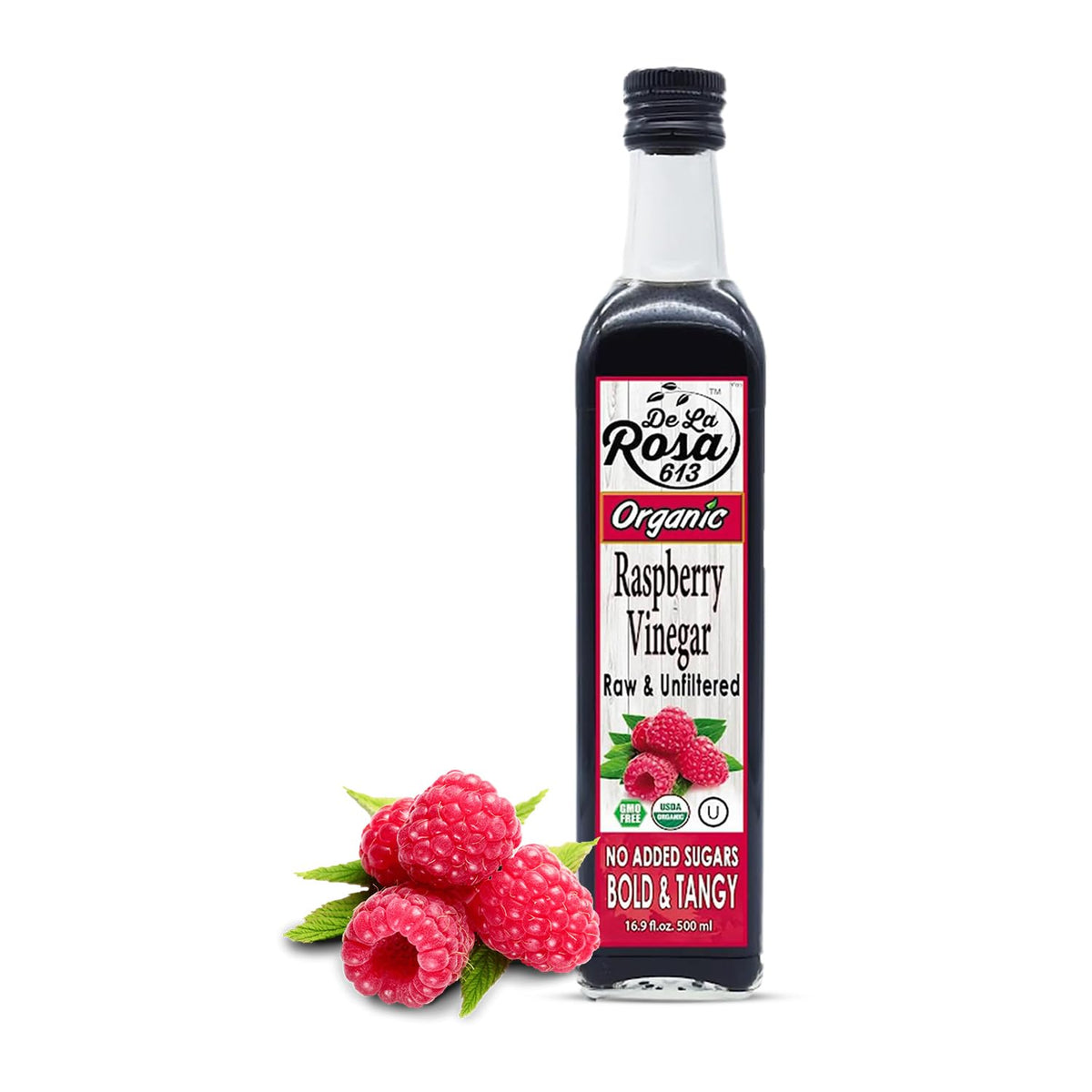 De La Rosa 613 raspberry vinegar bottle ready for bright salad dressings.
