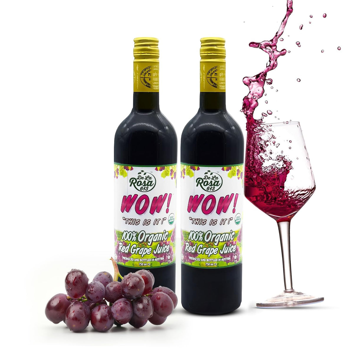 De La Rosa 613 red grape juice bottle front view, kosher-certified organic juice ideal for celebrations
