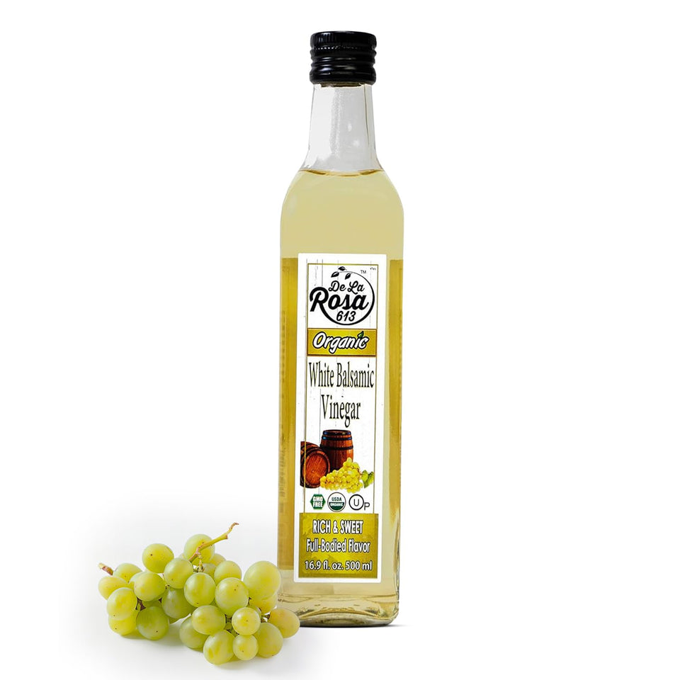De La Rosa 613 white balsamic bottle on a kitchen counter for fresh dressings