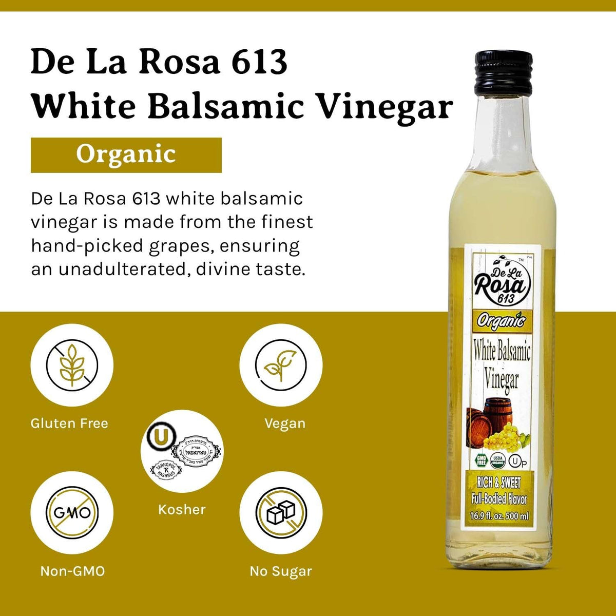 Pouring De La Rosa 613 white balsamic into a clear glass for a salad