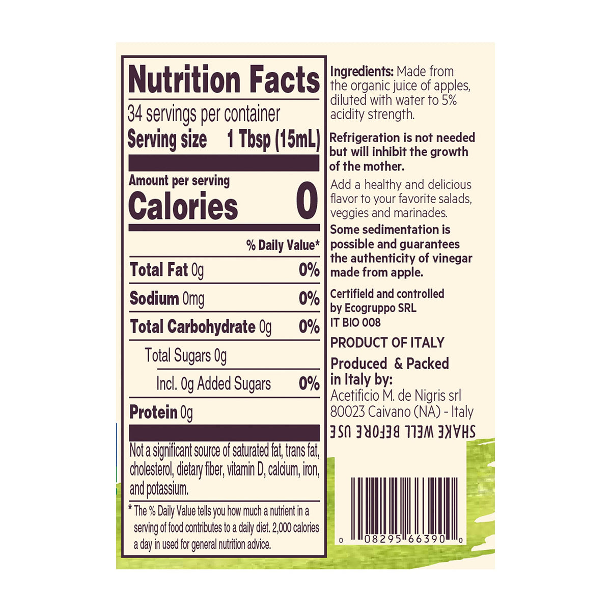 De Nigris bottle label highlights organic ingredients and the Mother