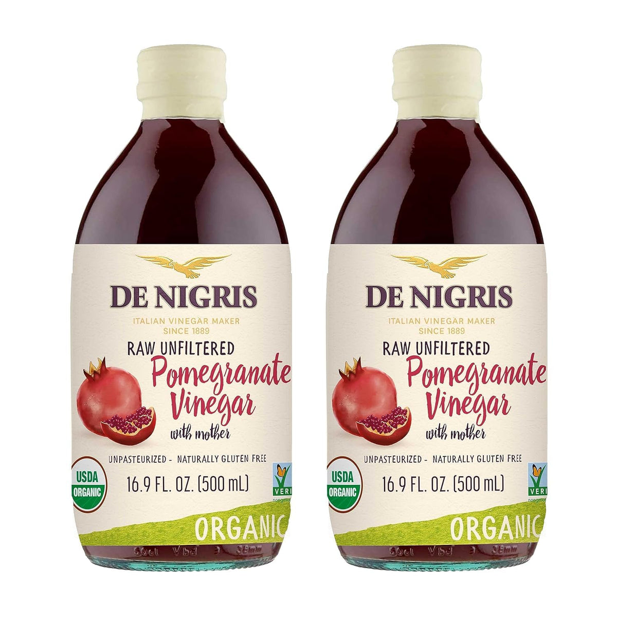 De Nigris Organic Pomegranate Vinegar bottle on the counter for bright salad flavor.