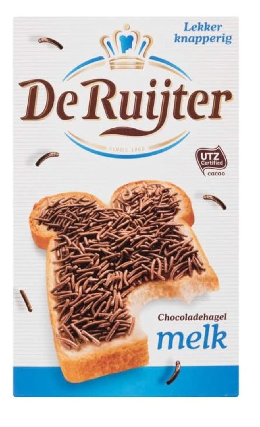 De Ruijter Chocoadehagel Milk Sprinkles jar for dessert topping.