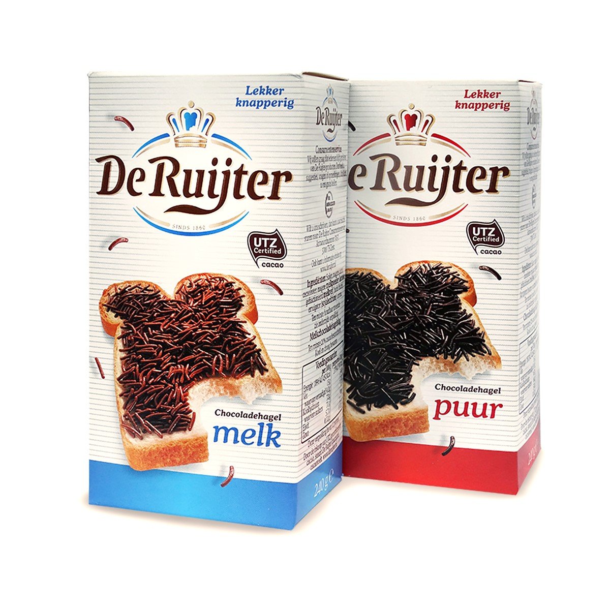 De Ruijter milk and dark chocolate sprinkles pack 2 topping for toast and desserts.