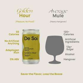 De Soi Golden Hour bottle near citrus, bright aroma enhances mocktails.