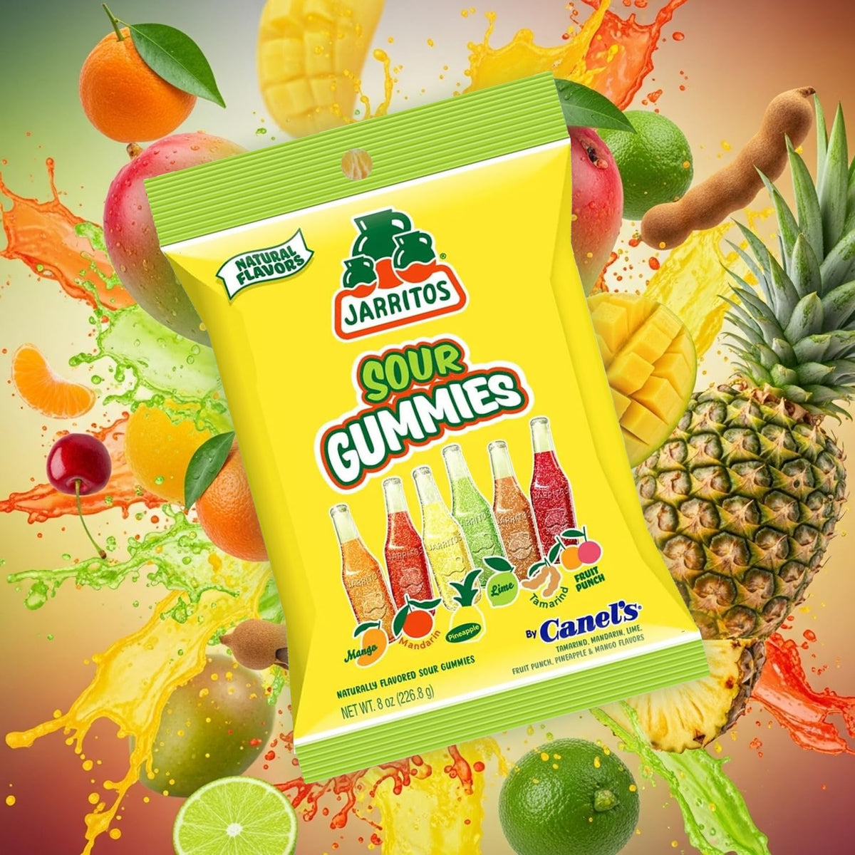Close-up of six Jarritos gummy flavors in a vibrant display