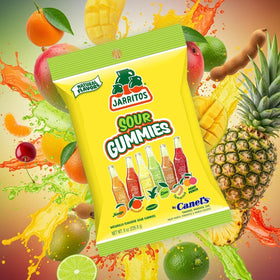 Close-up of six Jarritos gummy flavors in a vibrant display