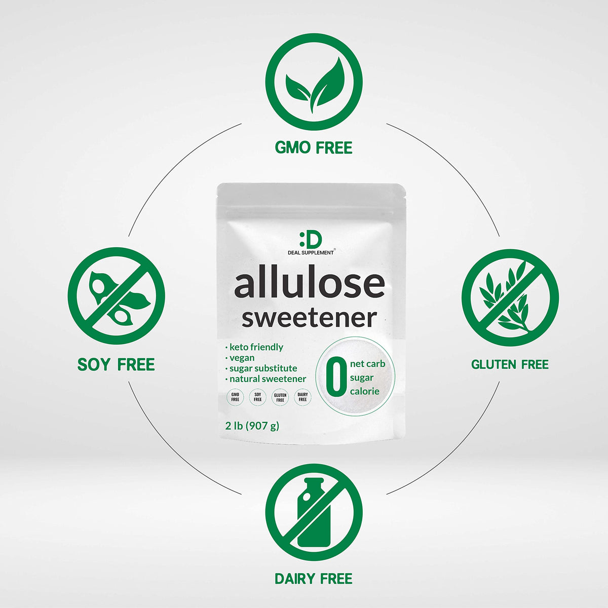DEAL SUPPLEMENT Allulose packaging highlighting Non-GMO and allergen-free features.