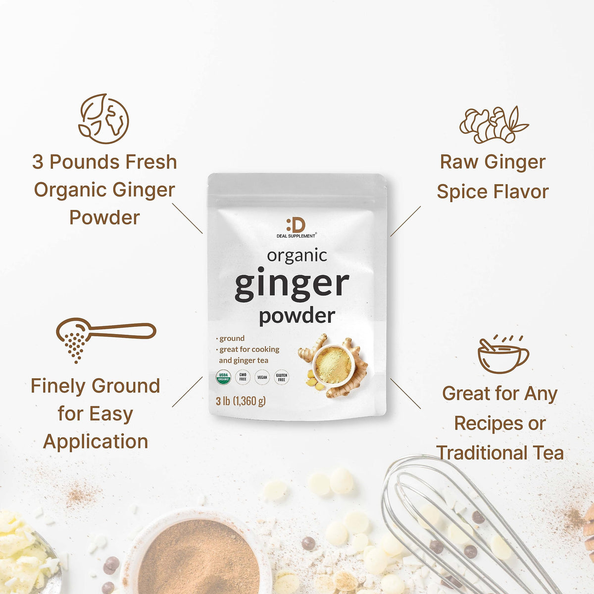 Ginger powder from Deal Supplement enhances baking, candy, and desserts