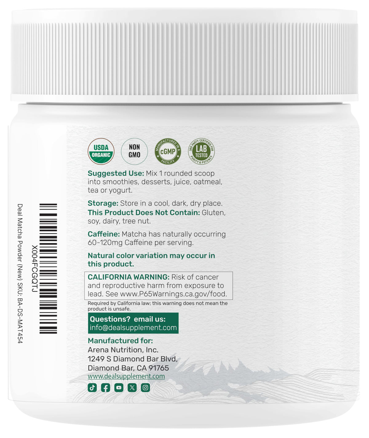 Deal Supplement Non-GMO Vegetarian Matcha – plant-based powder suitable for various diets.