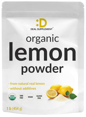 Deal Supplement Organic Lemon Powder label highlights pure freeze-dried lemon for easy flavoring
