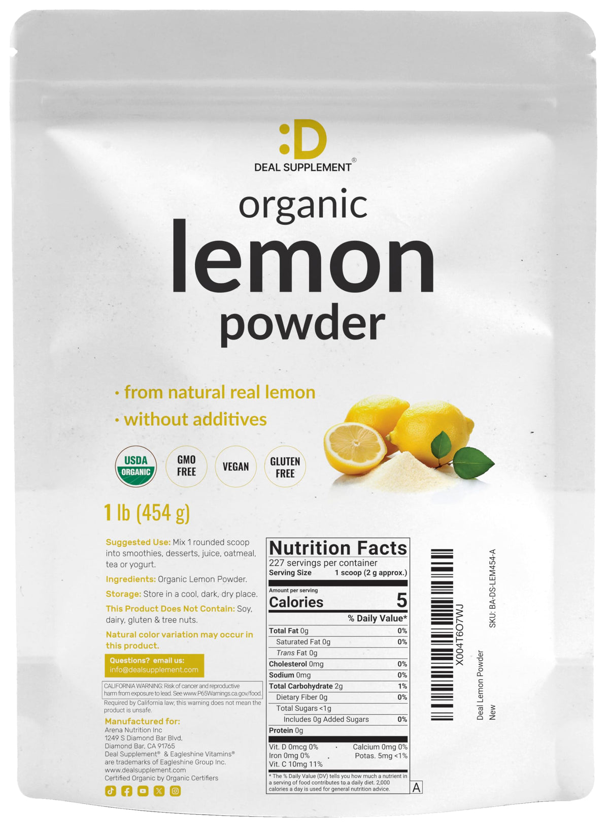 Deal Supplement Organic Lemon Powder non-gmo-seal signals clean ingredients and third-party testing