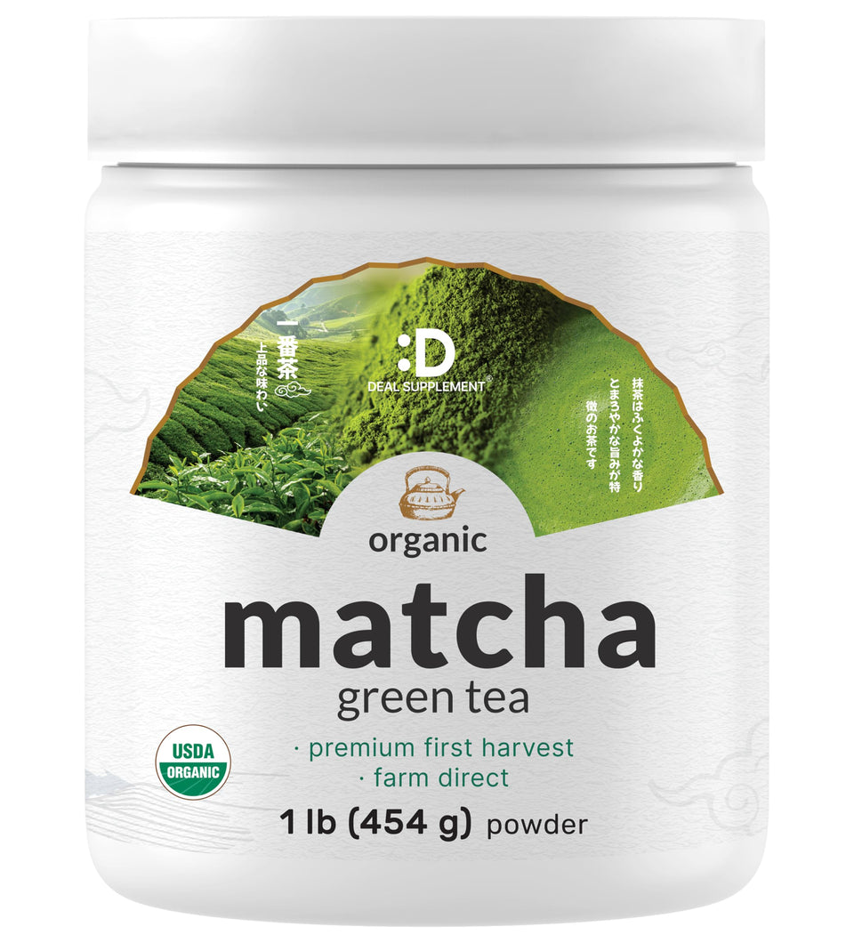 Deal Supplement Organic Matcha Powder jar shows vibrant green powder for daily energy and focus.