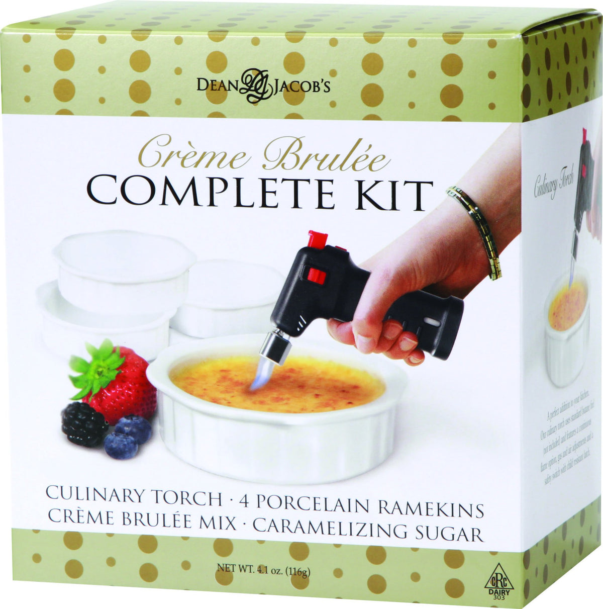Dean Jacobs creme brulee torch in action for precise caramelization.