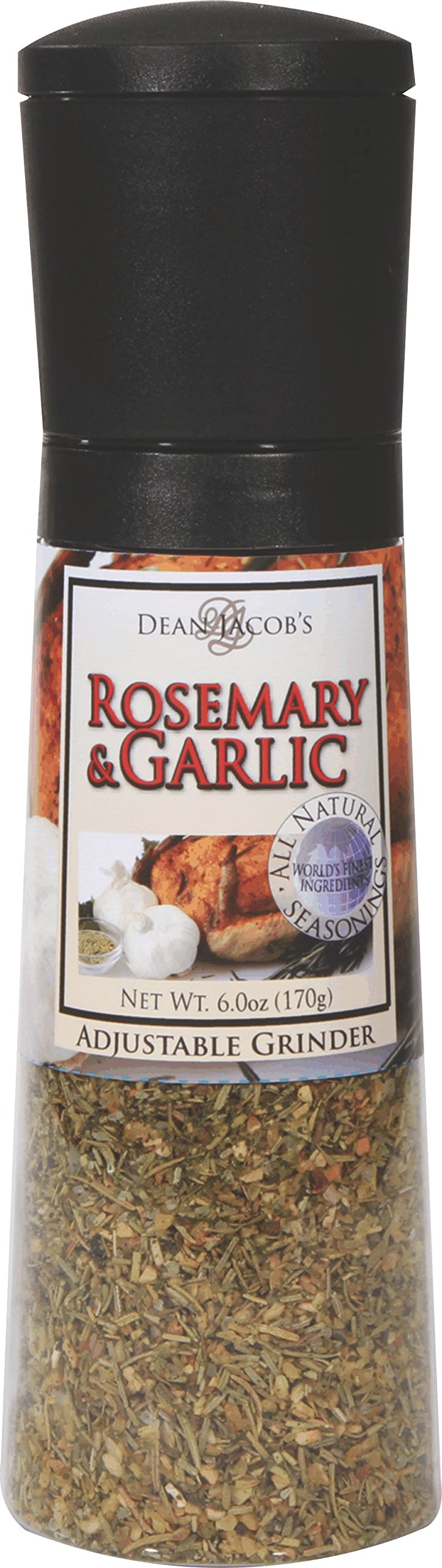 Dean Jacob's rosemary-garlic-chef-size-bottle close-up shows fresh flavor potential on chicken.