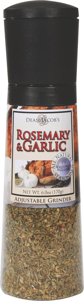 Dean Jacob's rosemary-garlic-chef-size-bottle close-up shows fresh flavor potential on chicken.