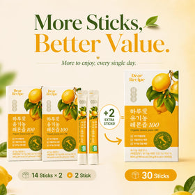 Dear Recipe 30-sticks lemon juice pack back showing organic ingredients
