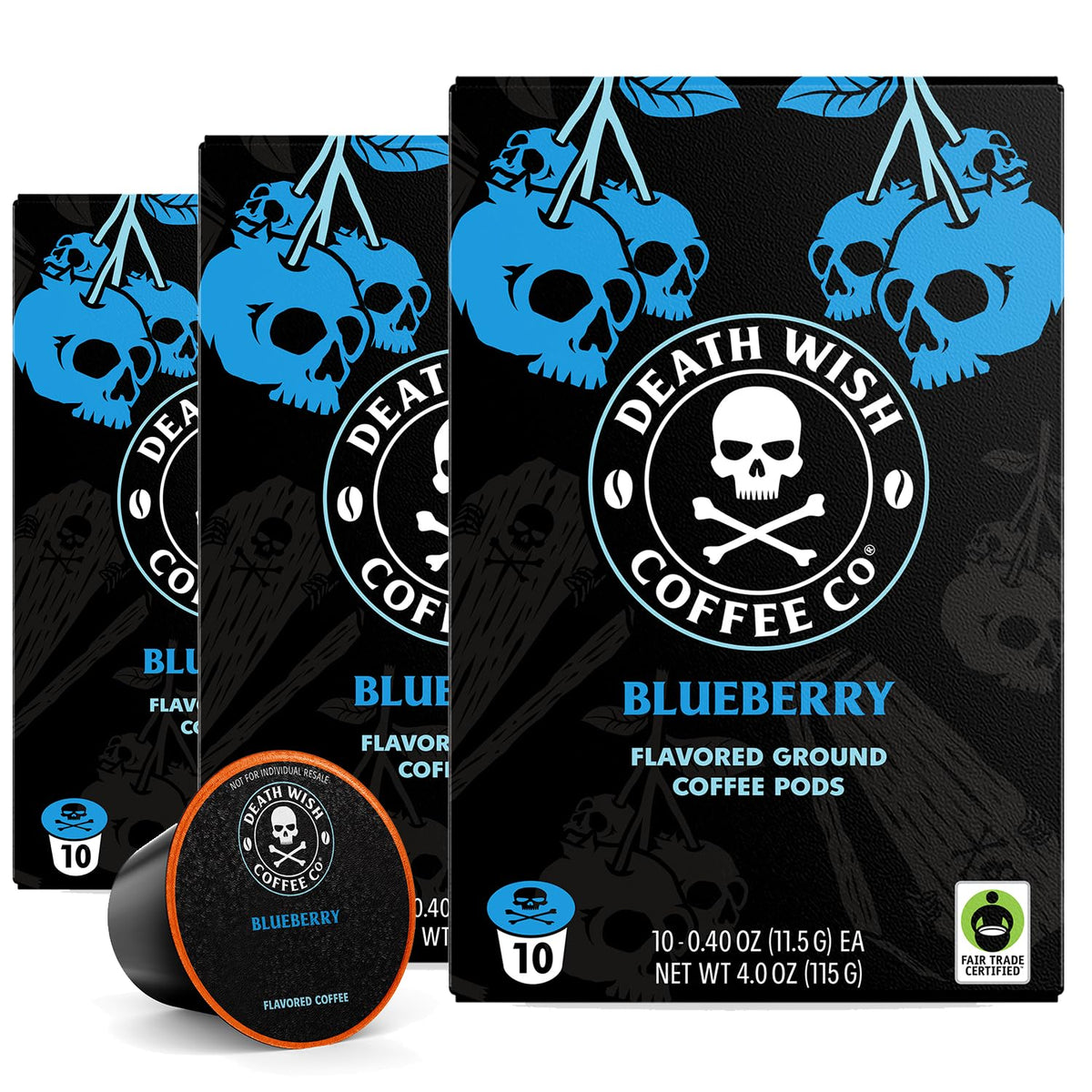 Death Wish Coffee Blue and Buried packaging highlights bold blueberry flavor