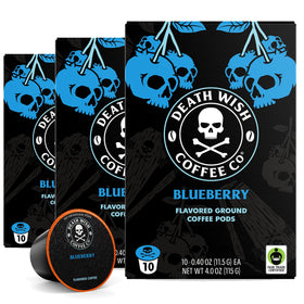 Death Wish Coffee Blue and Buried packaging highlights bold blueberry flavor