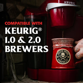 Hot brew in a mug reveals a strong wake-up flavor
