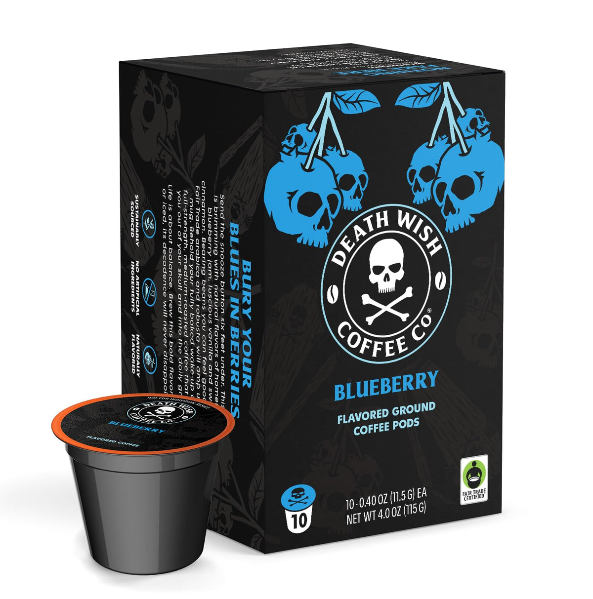 Death Wish Coffee Blueberry Vanilla pods in a box, quick bold breakfast