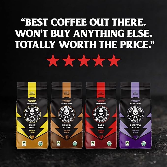 Death Wish Coffee bag close-up emphasizes natural flavors and no artificial additives