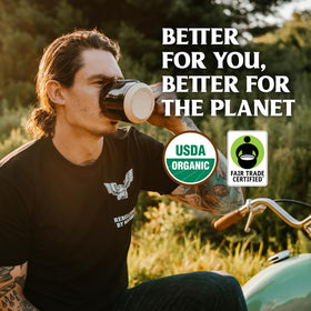 Death Wish Coffee arabica-robusta blend emphasizes premium, robust flavor profile.