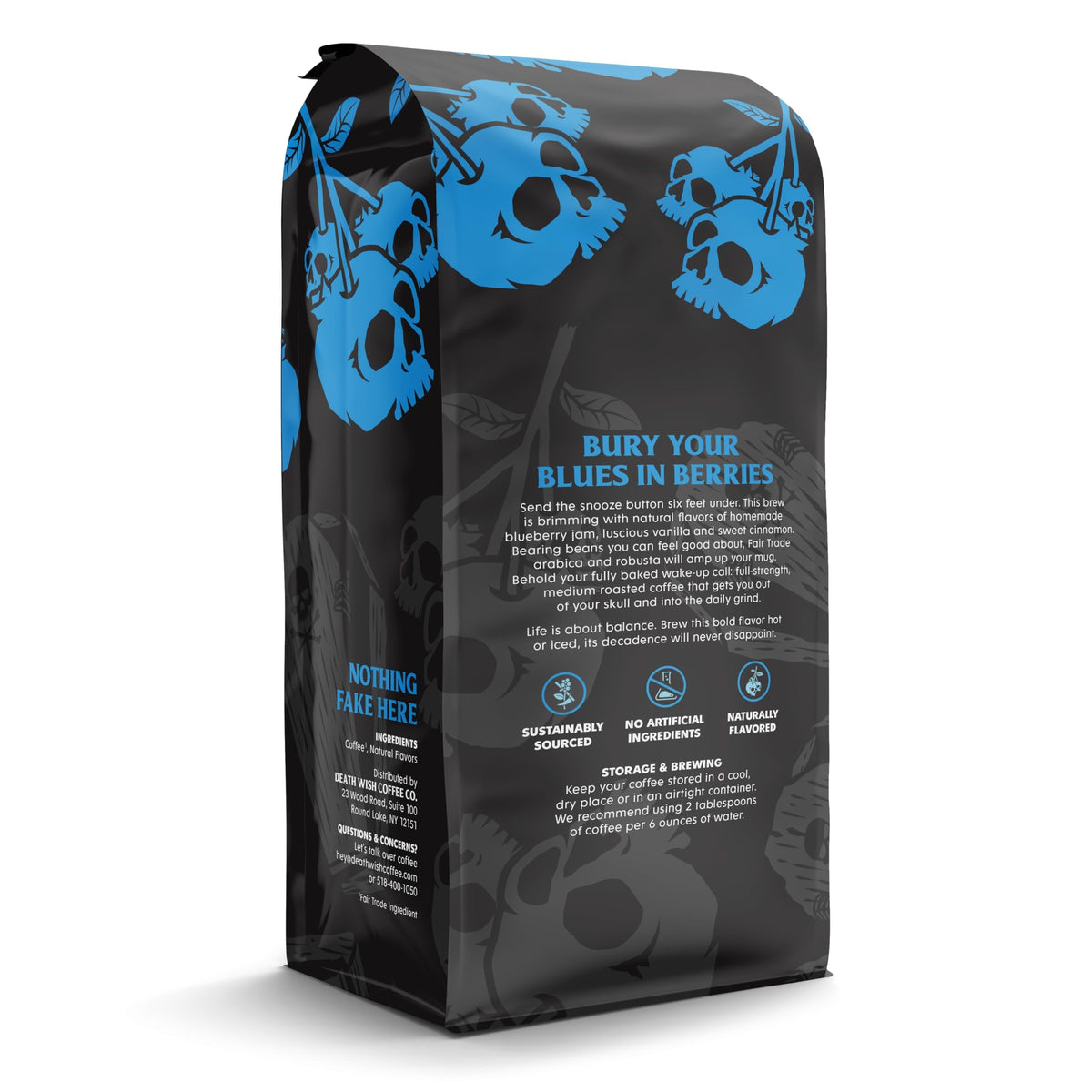 Death Wish Coffee blueberry ground bag closeup highlights fair trade and organic certification.