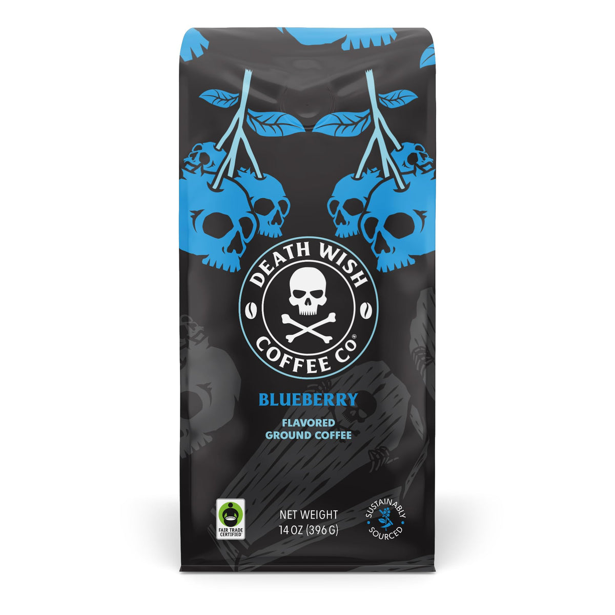 Death Wish Coffee blueberry ground bag ready for a bold morning boost.