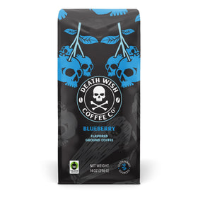 Death Wish Coffee blueberry ground bag ready for a bold morning boost.