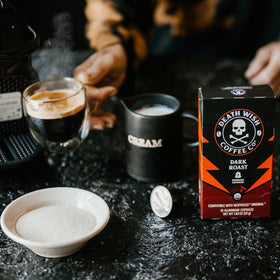 Death Wish Coffee capsules in a drawer for easy morning access.