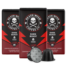 Death Wish Coffee capsules in Nespresso Original box front for fast, bold mornings.