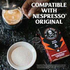 Death Wish Coffee capsules Nespresso Original label close-up highlighting Organic and Fair Trade.