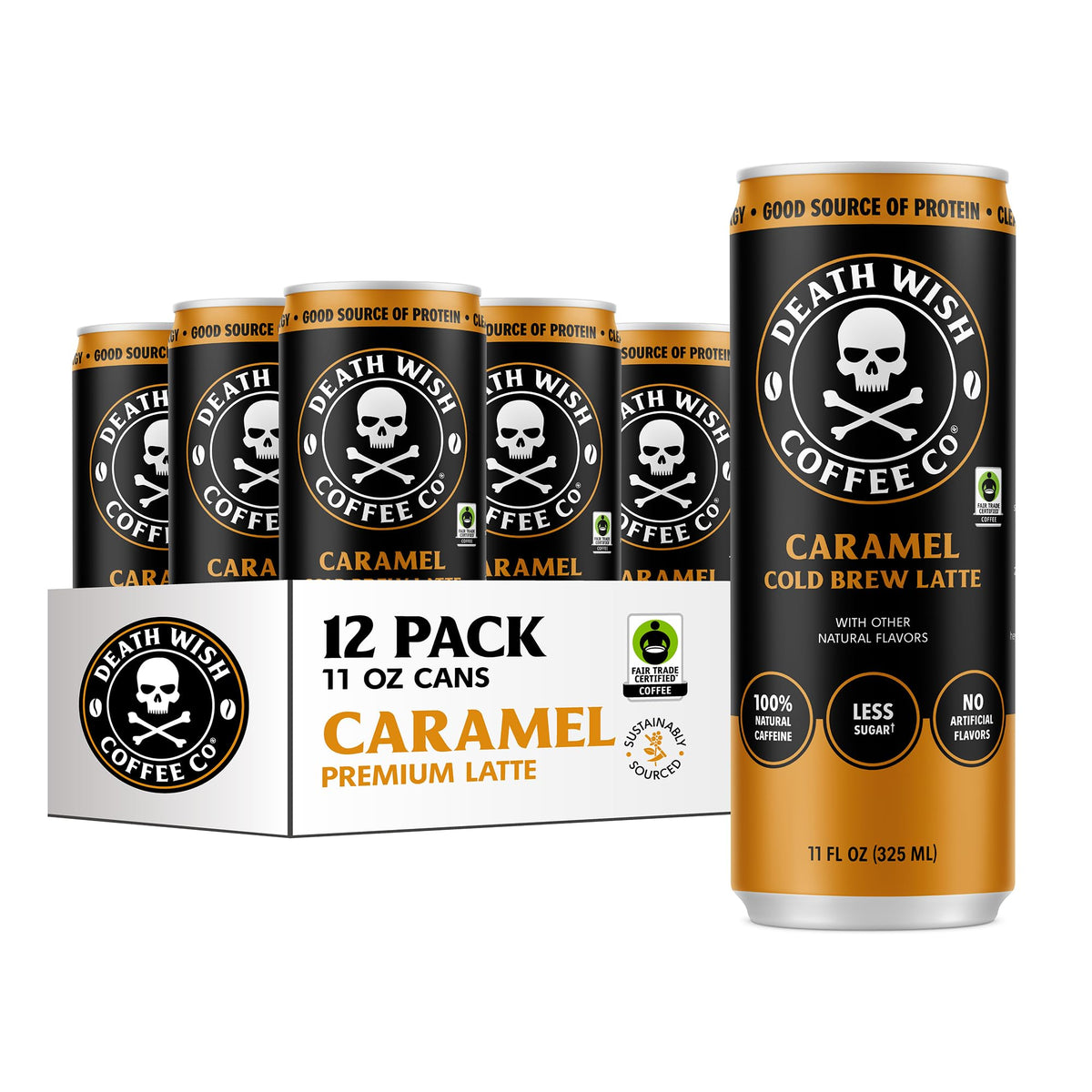 Death Wish Coffee caramel cold brew latte can, bold flavor for a quick energy boost
