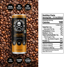 Death Wish Coffee caramel cold brew latte can, creamy texture and premium Colombian beans