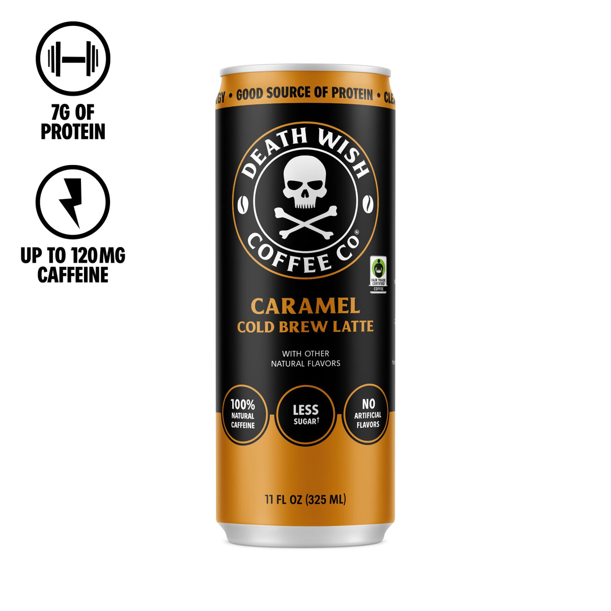 Death Wish Coffee caramel cold brew latte 11 oz can, ready-to-drink convenience for busy mornings