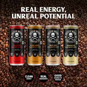 Death Wish Coffee caramel cold brew latte can, recyclable packaging supporting fair trade