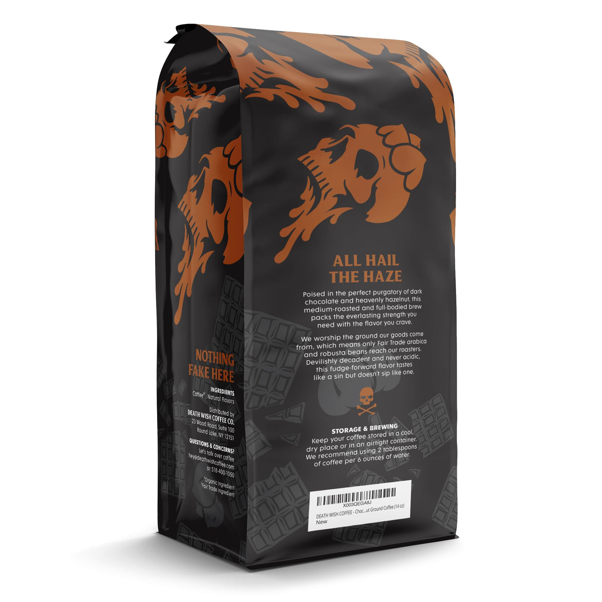 Death Wish Coffee Chocolate Hazelnut bag front shows premium, fair trade beans.