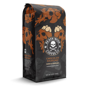 Death Wish Chocolate Hazelnut beans close-up reveals fudge and hazelnut.