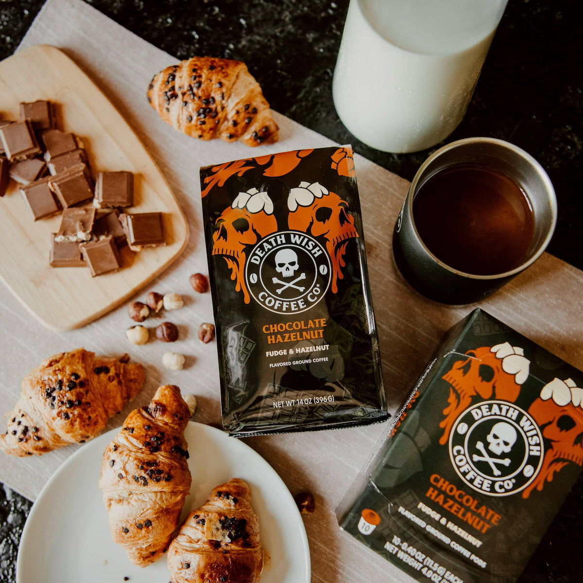 Death Wish Chocolate Hazelnut brew setup for hot or iced coffee.