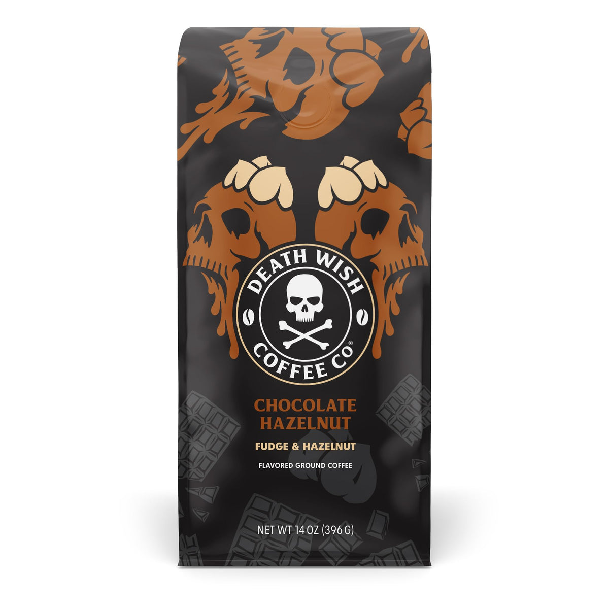 Death Wish Coffee Chocolate Hazelnut ground coffee 14oz bag for bold mornings.