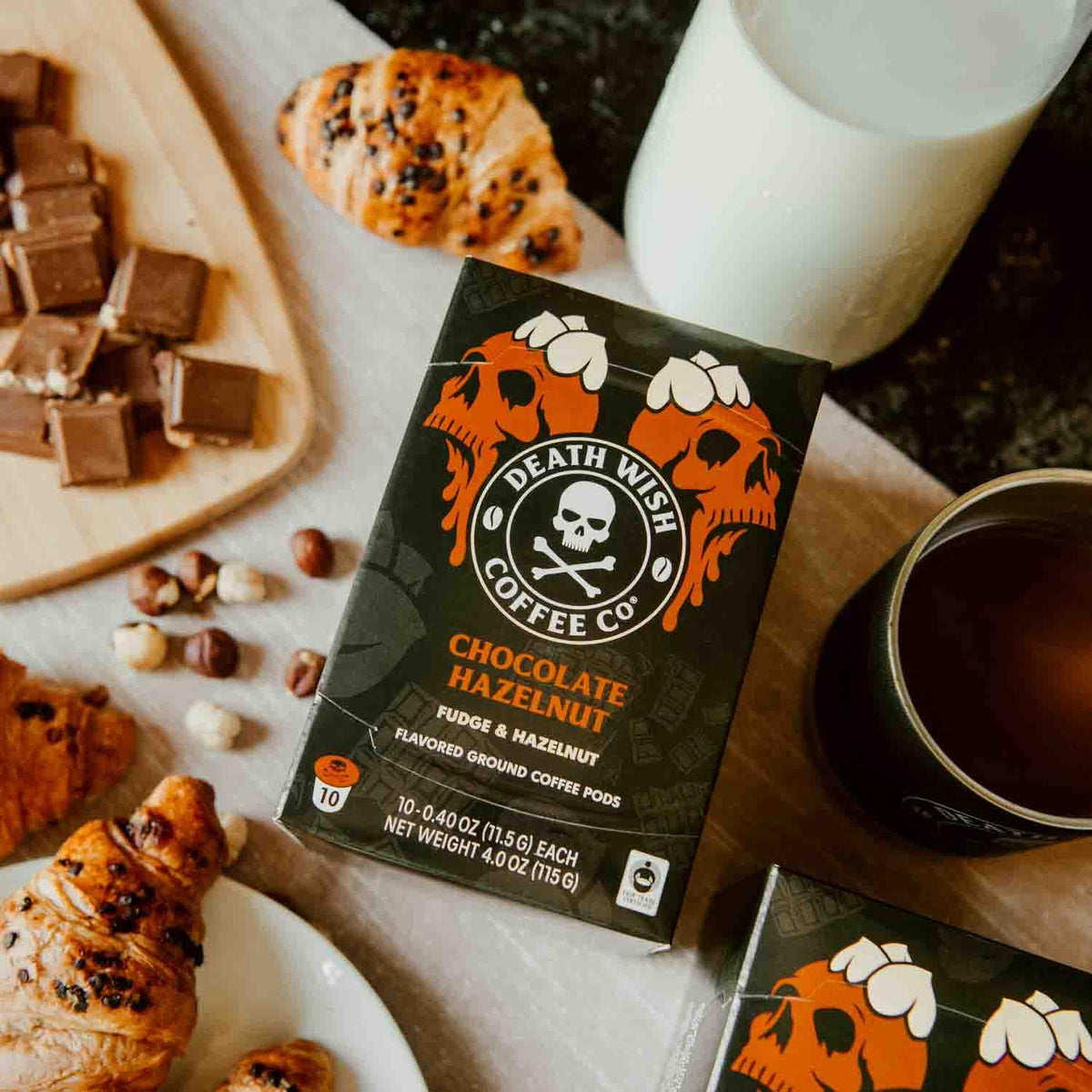 Closeup of aroma notes on the pod label hinting fudge and hazelnut
