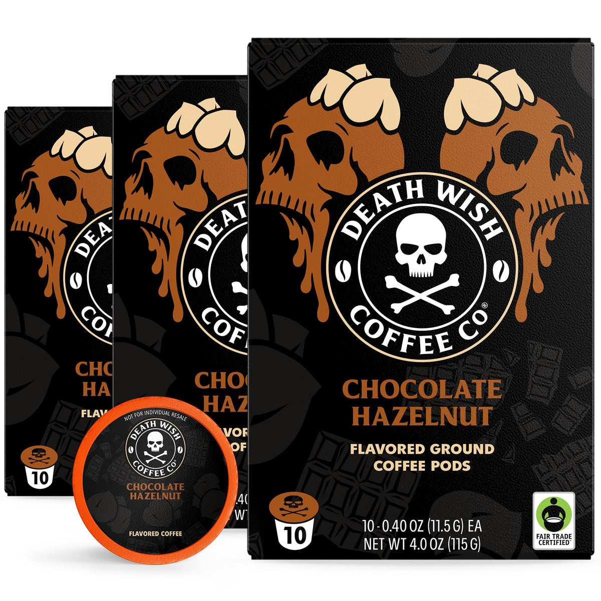 Death Wish Chocolate Hazelnut pods pack showing bold flavor for busy mornings