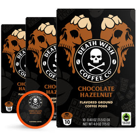 Death Wish Chocolate Hazelnut pods pack showing bold flavor for busy mornings
