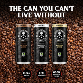 Death Wish Coffee Classic Cold Brew Latte shelf display highlights accessible daily pick-me-up