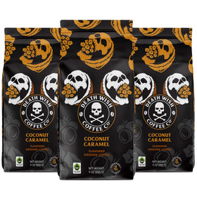 Death Wish Coffee coconut caramel ground coffee bag depicting bold aroma and morning boost